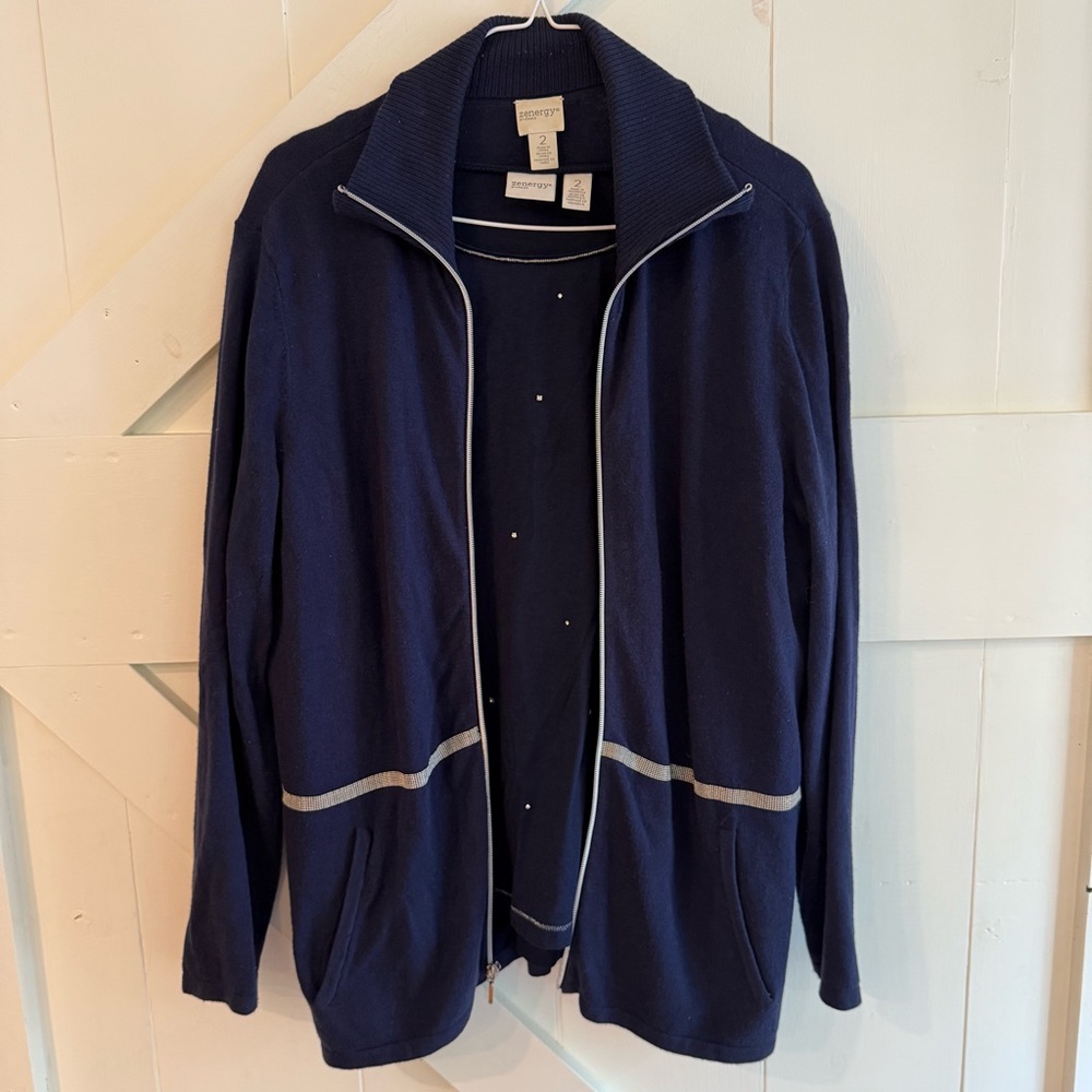 Chico's Zenergy‎ Blue Zip Up Cardigan & Coordinating Long Sleeve Tee Sz 2 (L)